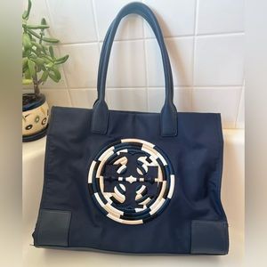 Tory Burch nylon Ella Tote navy with embroidery